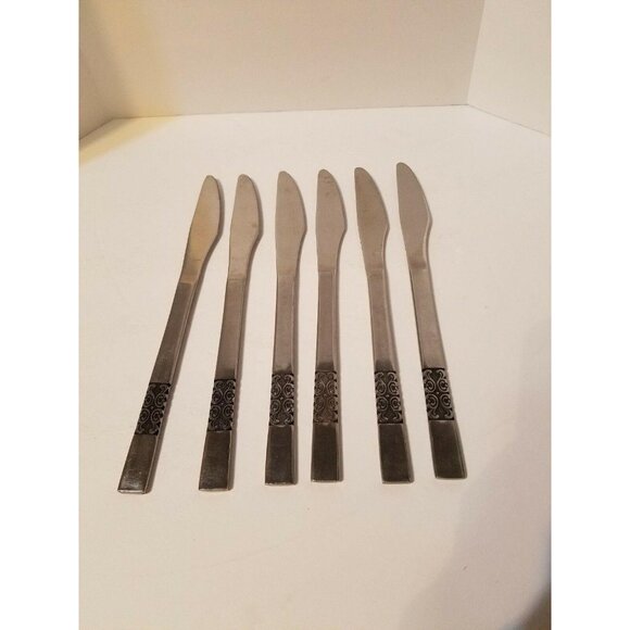 Vintage Set of 6 Satin Swirl Flatware Stainless Steel Japan Dinner Knives - Picture 1 of 4